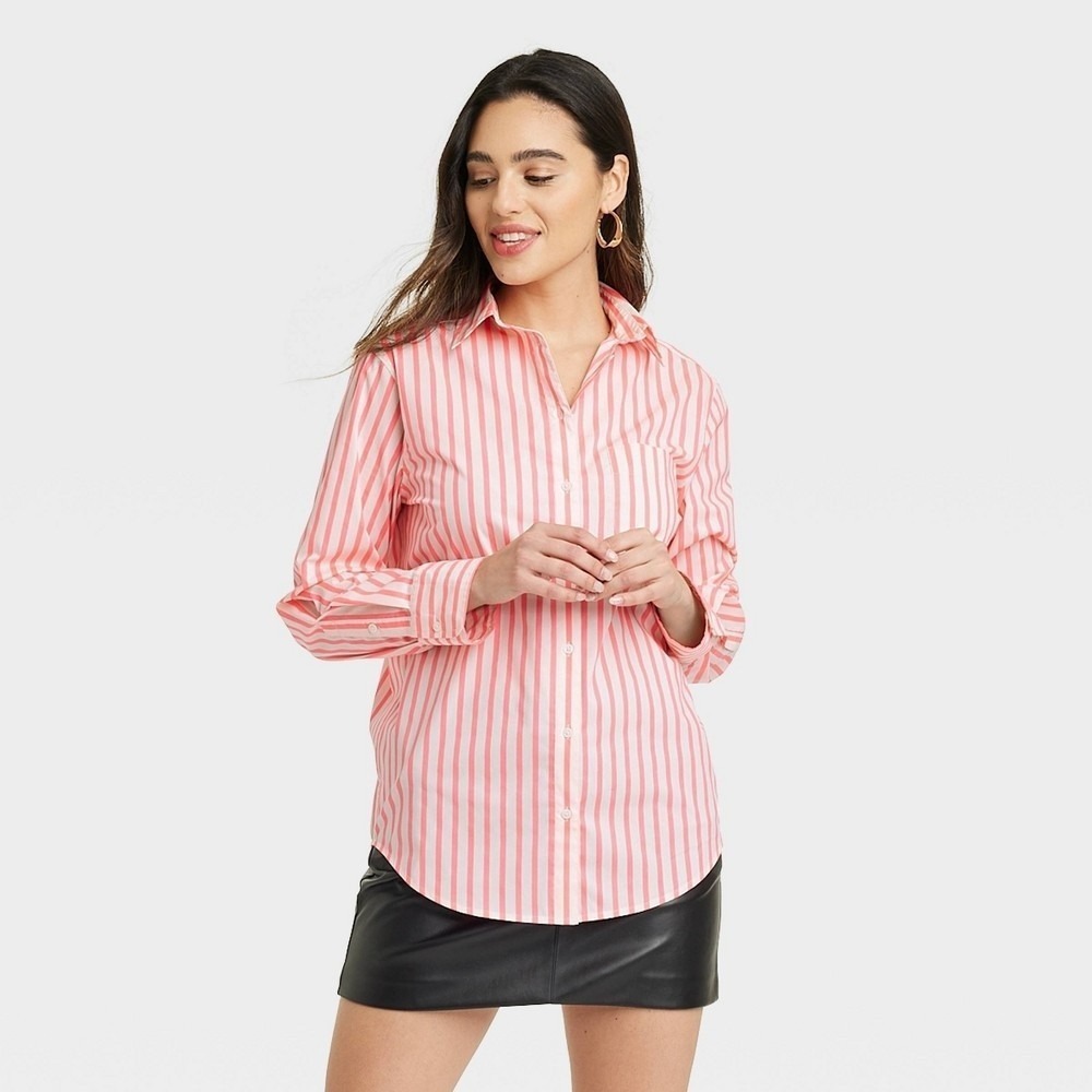 Women's Slim Fit Boyfriend Tailored Long Sleeve Button-Down Shirt - A New Day XS